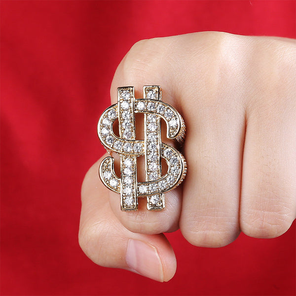 New Design Silver Gold Dollar Symbol Moissanite Hip Hop Jewelry Punk Ring agahiphop