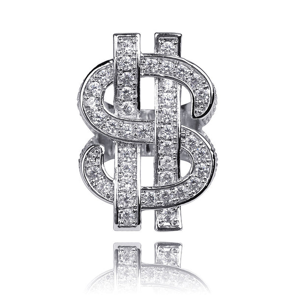 New Design Silver Gold Dollar Symbol Moissanite Hip Hop Jewelry Punk Ring agahiphop