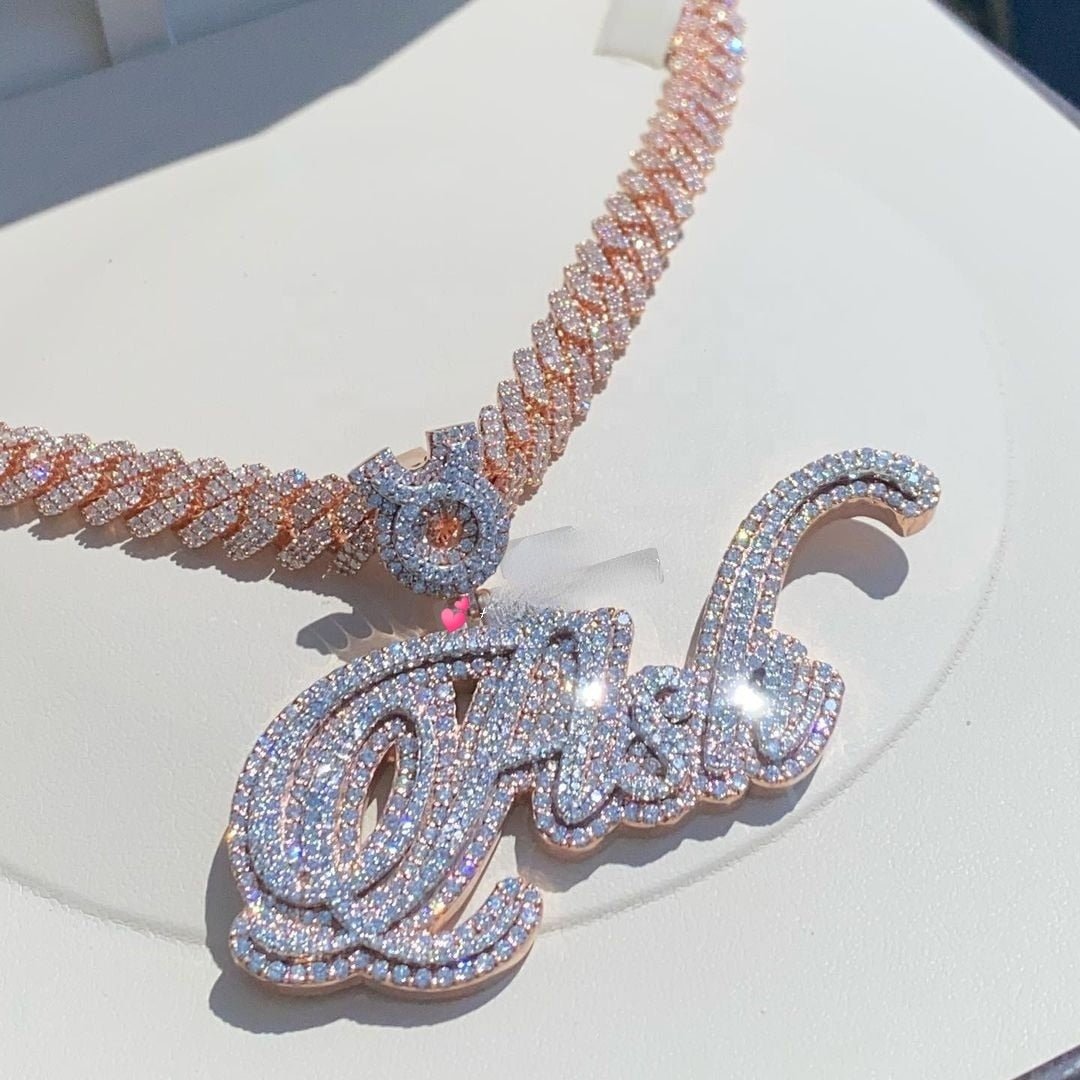 Custom moissanite Letter Pendants Cuban Chain - agahiphop