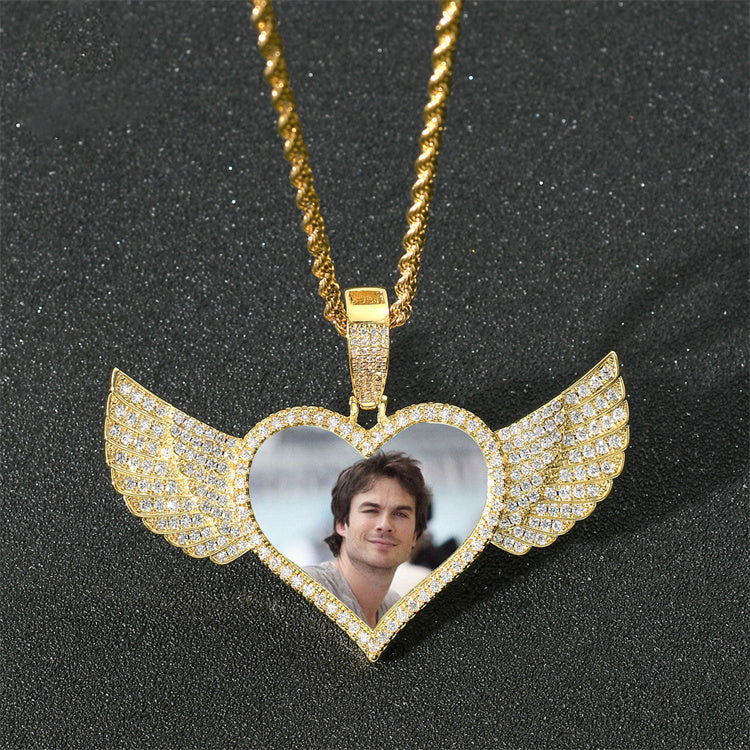 Hip Hop Heart Wings  Pure White Yellow Moissanite Diamond Gem Memory Photo Frame Pendant agahiphop