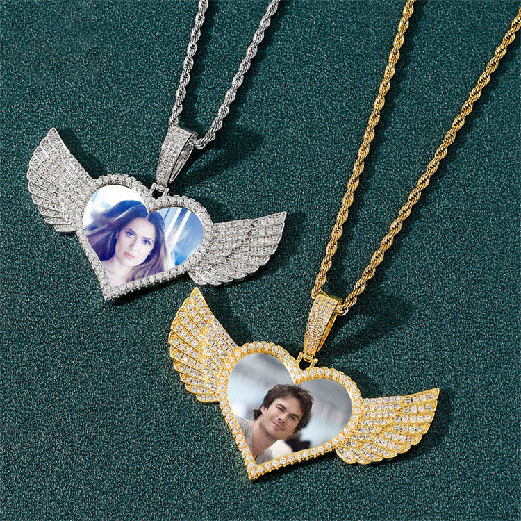 Hip Hop Heart Wings  Pure White Yellow Moissanite Diamond Gem Memory Photo Frame Pendant agahiphop