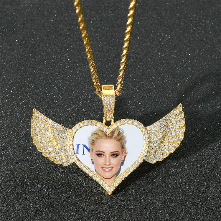 Hip Hop Heart Wings  Pure White Yellow Moissanite Diamond Gem Memory Photo Frame Pendant agahiphop