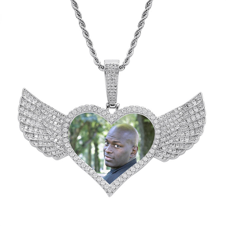 Hip Hop Heart Wings  Pure White Yellow Moissanite Diamond Gem Memory Photo Frame Pendant agahiphop